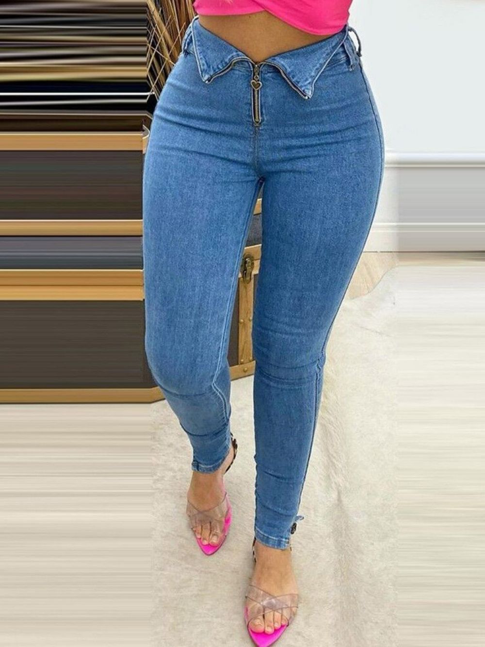 Calça Lápis Lavável Simples Cintura Média Zíper Feminino Jeans Feminino