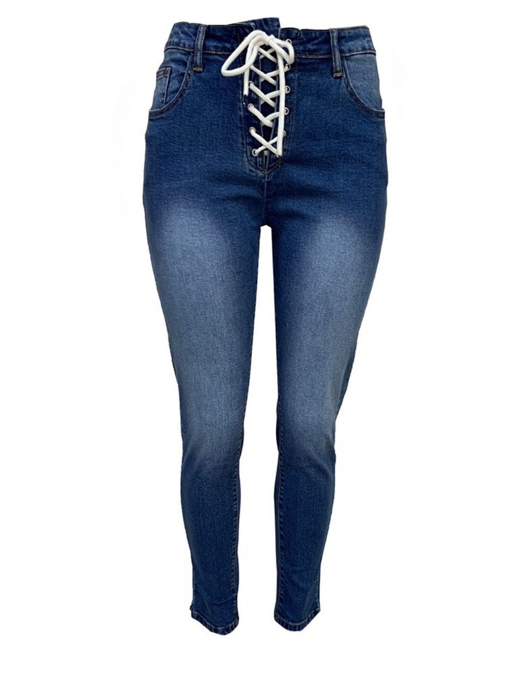 Calça Lápis Simples Com Cadarço Jeans Skinny Com Cadarço