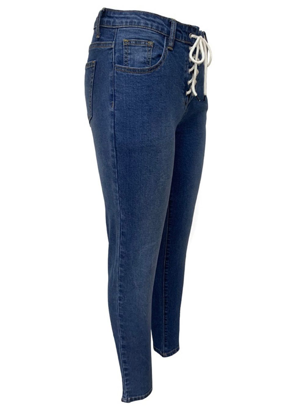 Calça Lápis Simples Com Cadarço Jeans Skinny Com Cadarço