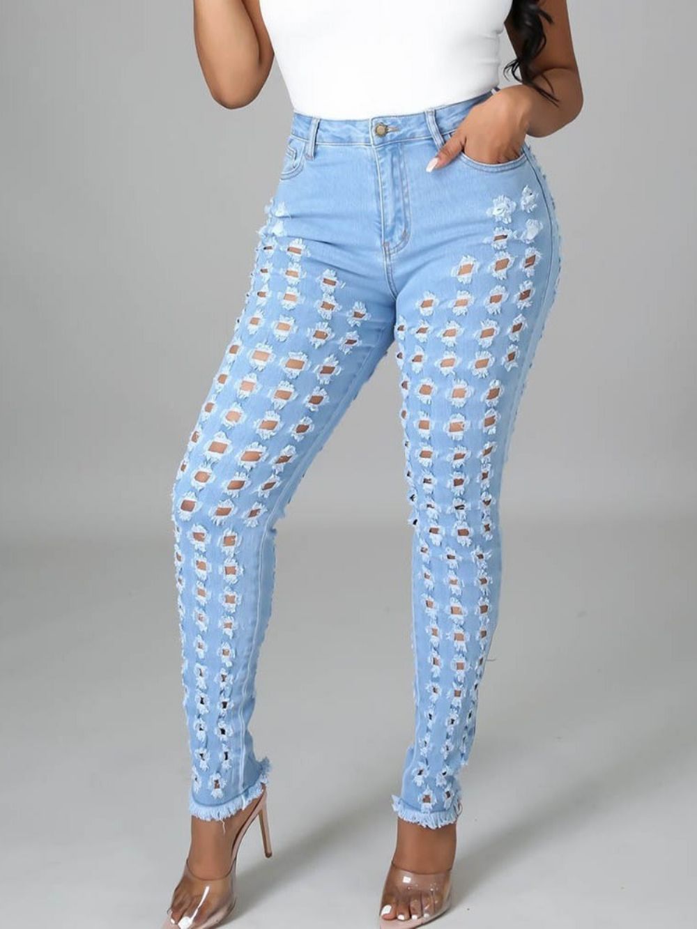 Calça Lápis Simples Com Furo E Zíper Feminino Jeans