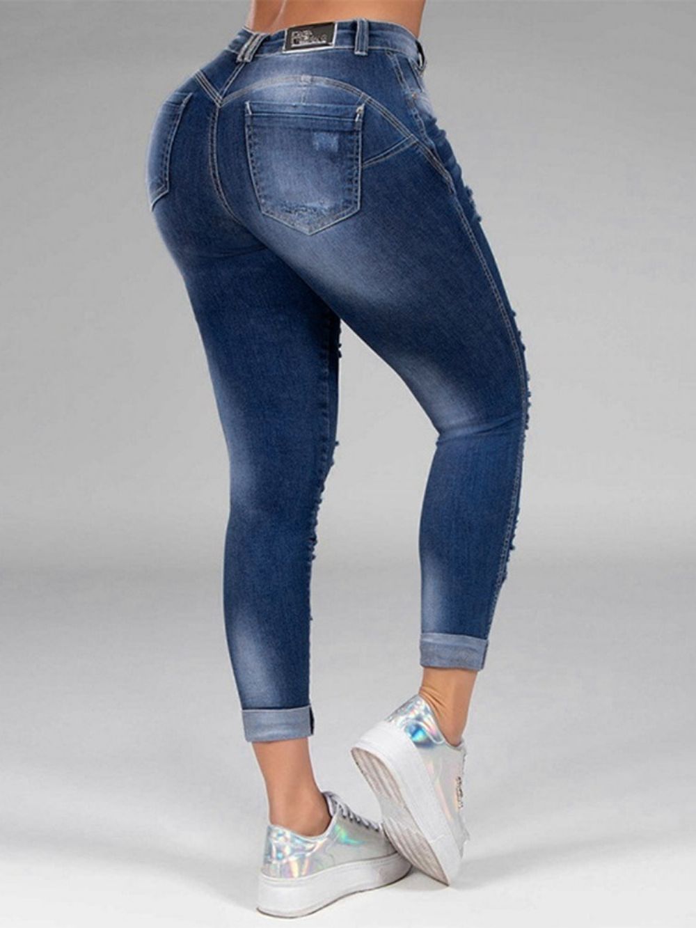 Calças Jeans Femininas Com Furo Reto Simples Com Zíper E Cintura Média