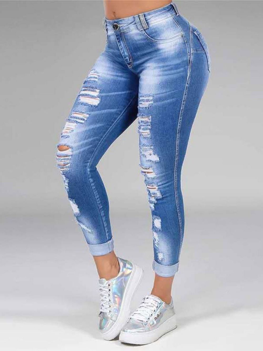 Calças Jeans Femininas Com Furo Reto Simples Com Zíper E Cintura Média