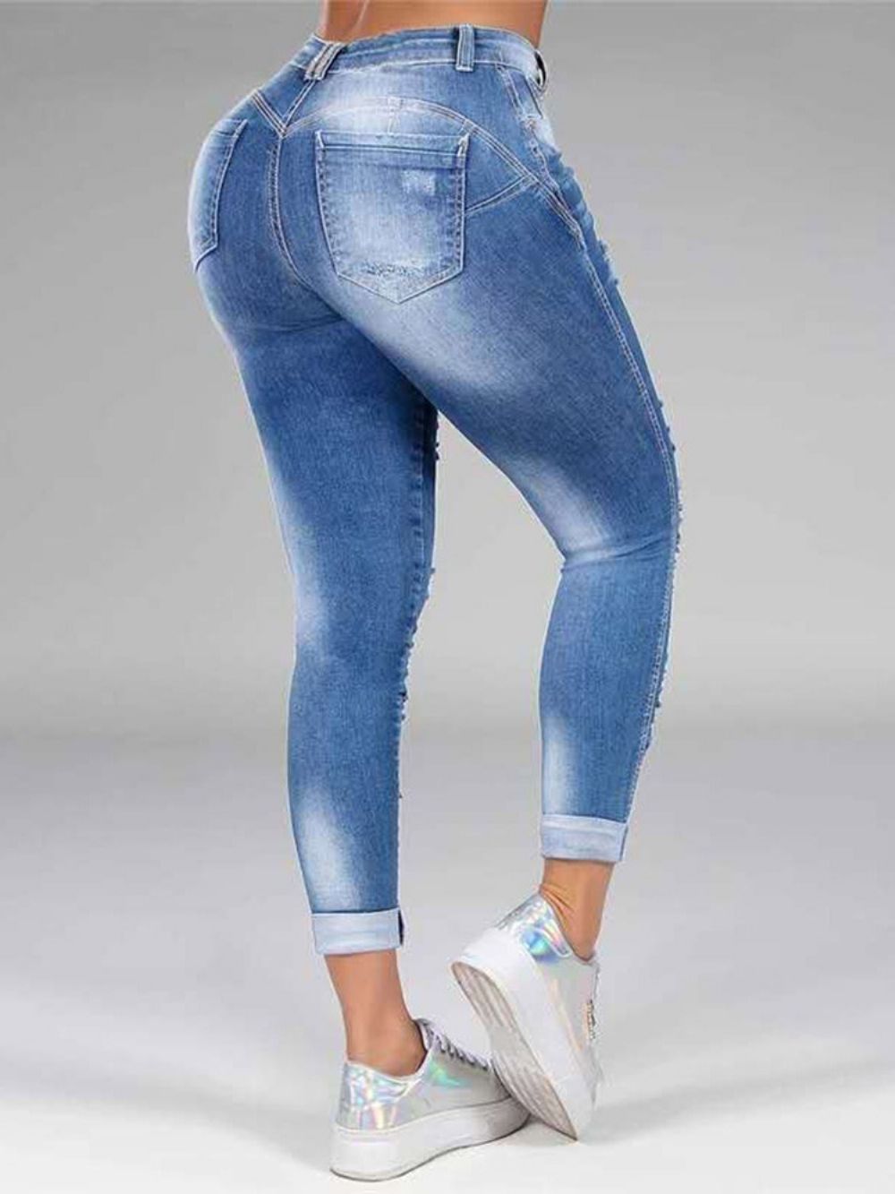 Calças Jeans Femininas Com Furo Reto Simples Com Zíper E Cintura Média