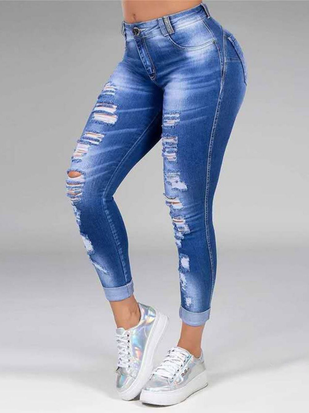 Calças Jeans Femininas Com Furo Reto Simples Com Zíper E Cintura Média