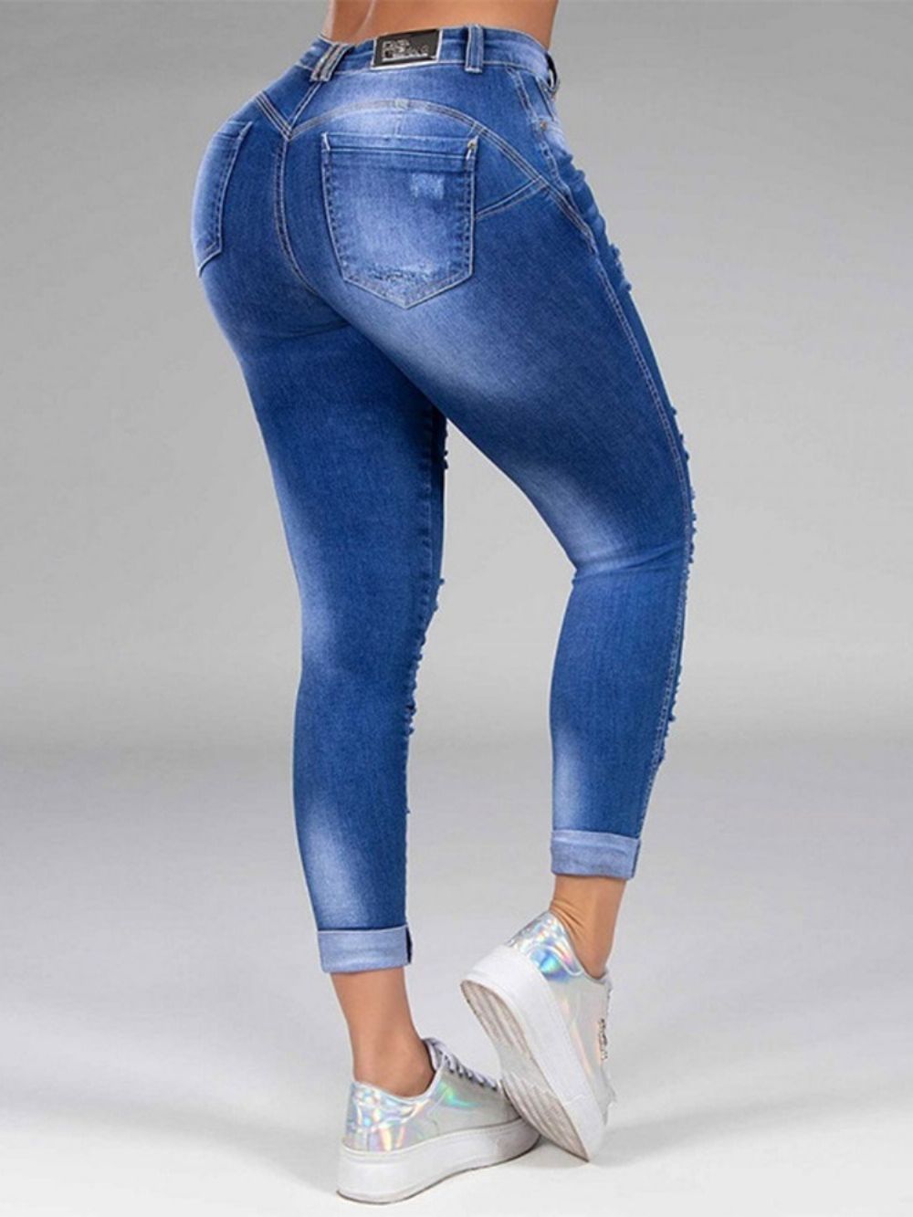 Calças Jeans Femininas Com Furo Reto Simples Com Zíper E Cintura Média