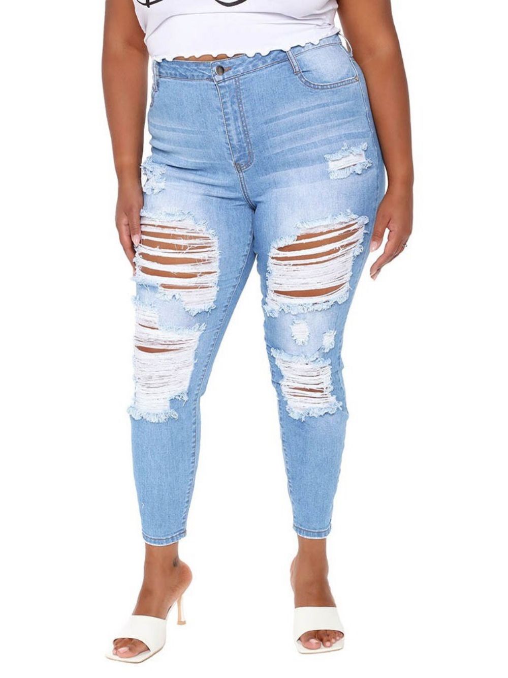 Calças Lápis Com Furo Simples Jeans Skinny Femininas Com Zíper