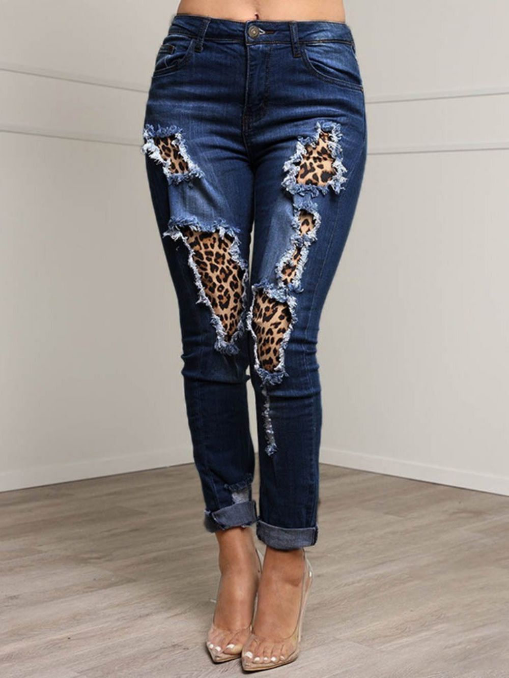 Calças Lápis Leopardo Patchwork Com Zíper Jeans Feminino Slim