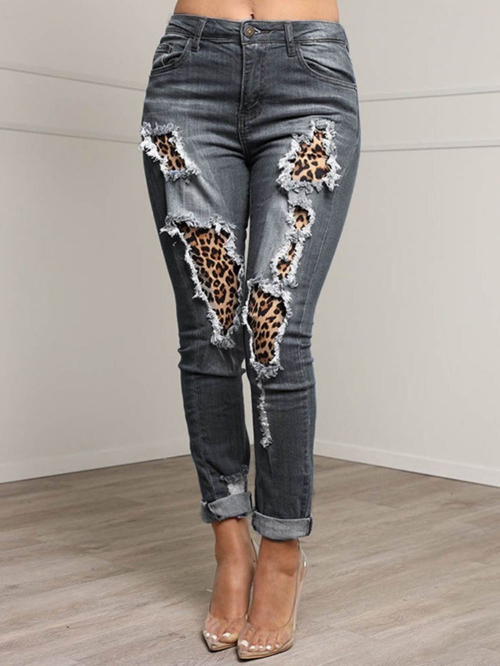 Calças Lápis Leopardo Patchwork Com Zíper Jeans Feminino Slim