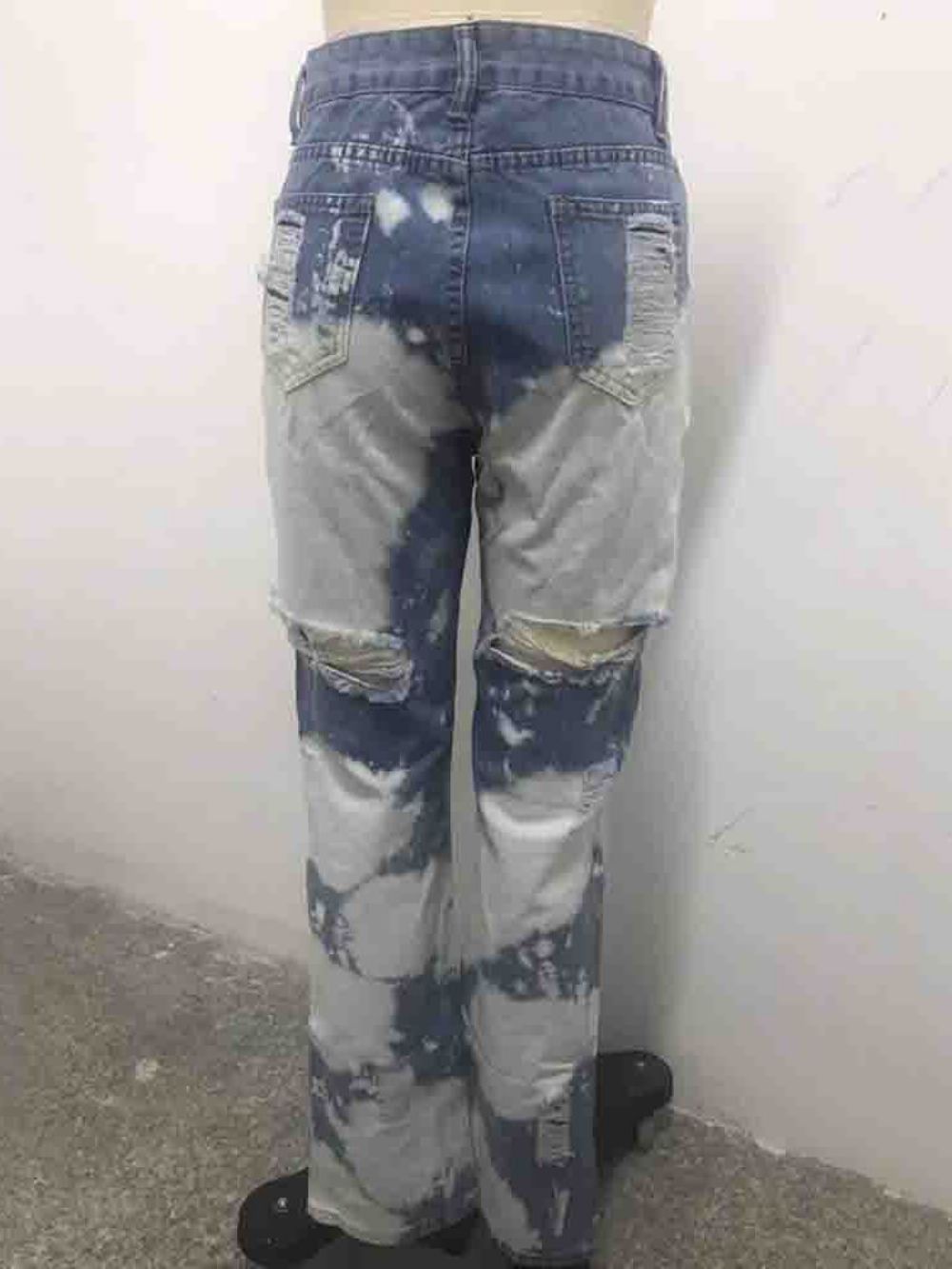 Jeans De Cintura Alta Com Furo Reto E Folgado