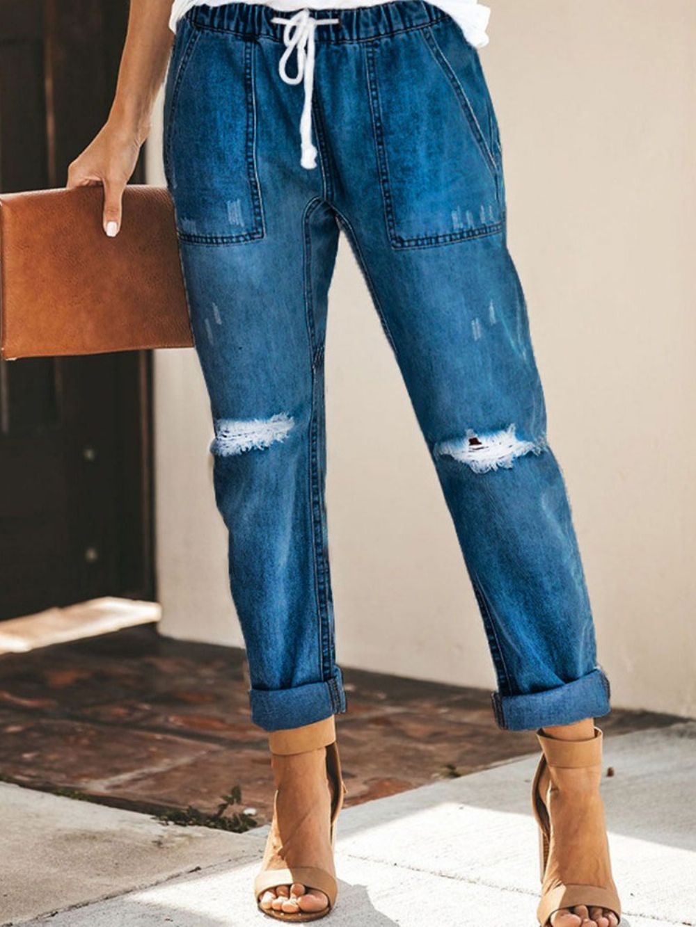 Jeans Com Elástico De Bolso Simples Com Cadarço