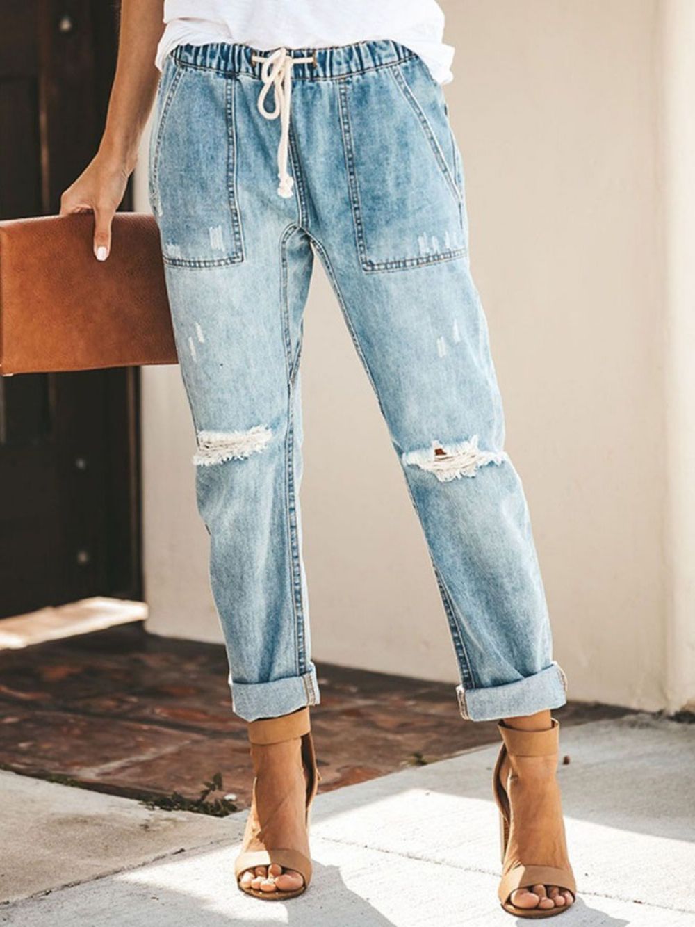 Jeans Com Elástico De Bolso Simples Com Cadarço