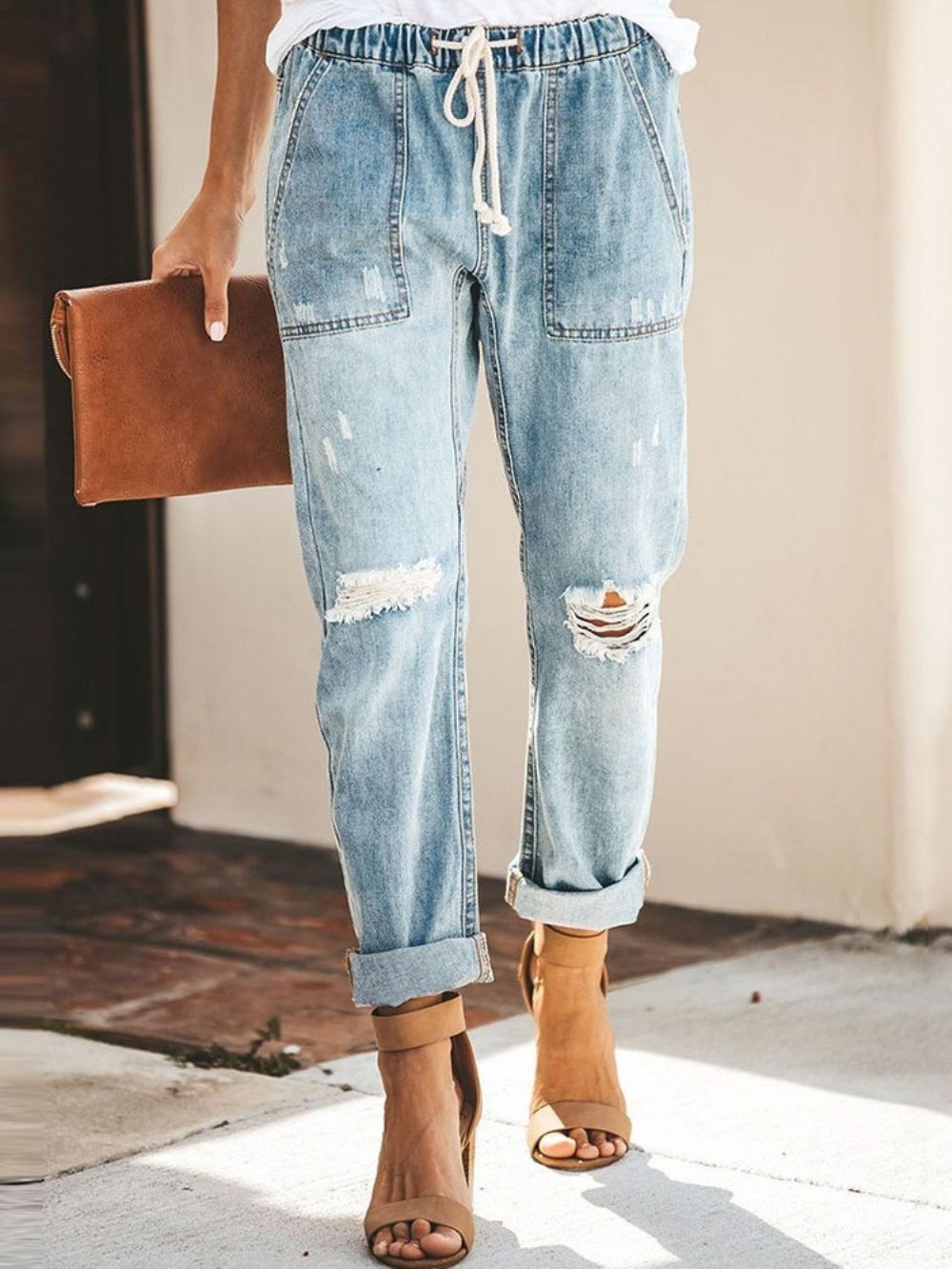 Jeans Com Elástico De Bolso Simples Com Cadarço