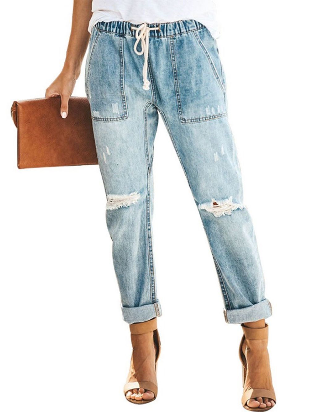 Jeans Com Elástico De Bolso Simples Com Cadarço