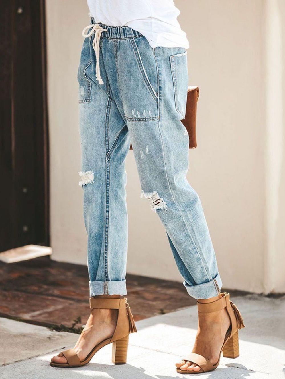 Jeans Com Elástico De Bolso Simples Com Cadarço