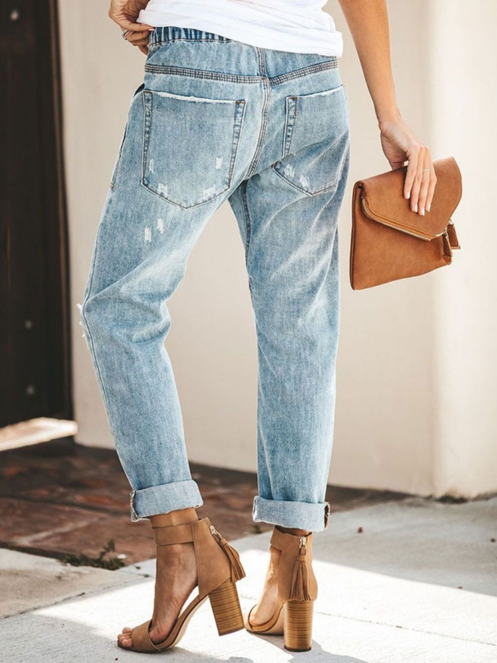 Jeans Com Elástico De Bolso Simples Com Cadarço