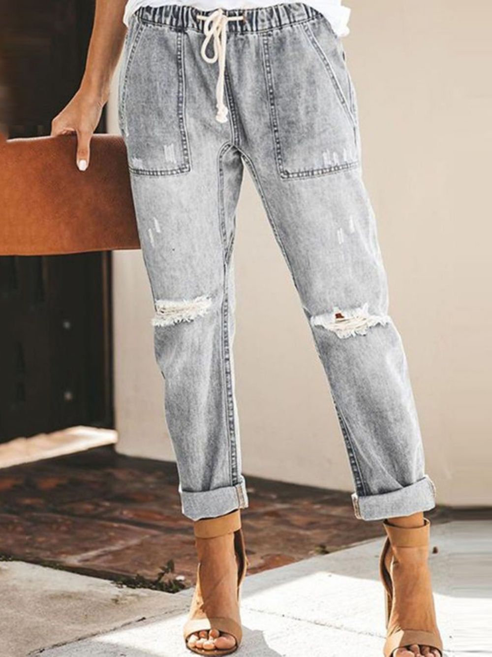 Jeans Com Elástico De Bolso Simples Com Cadarço