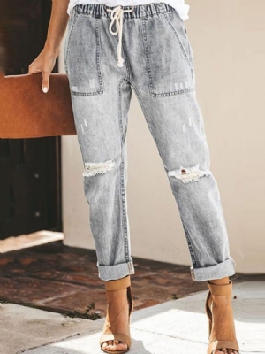 Jeans Com Elástico De Bolso Simples Com Cadarço