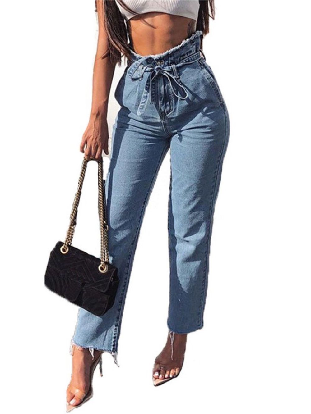 Jeans Elegantes Com Zíper E Bolsos Lisos Com Cadarço