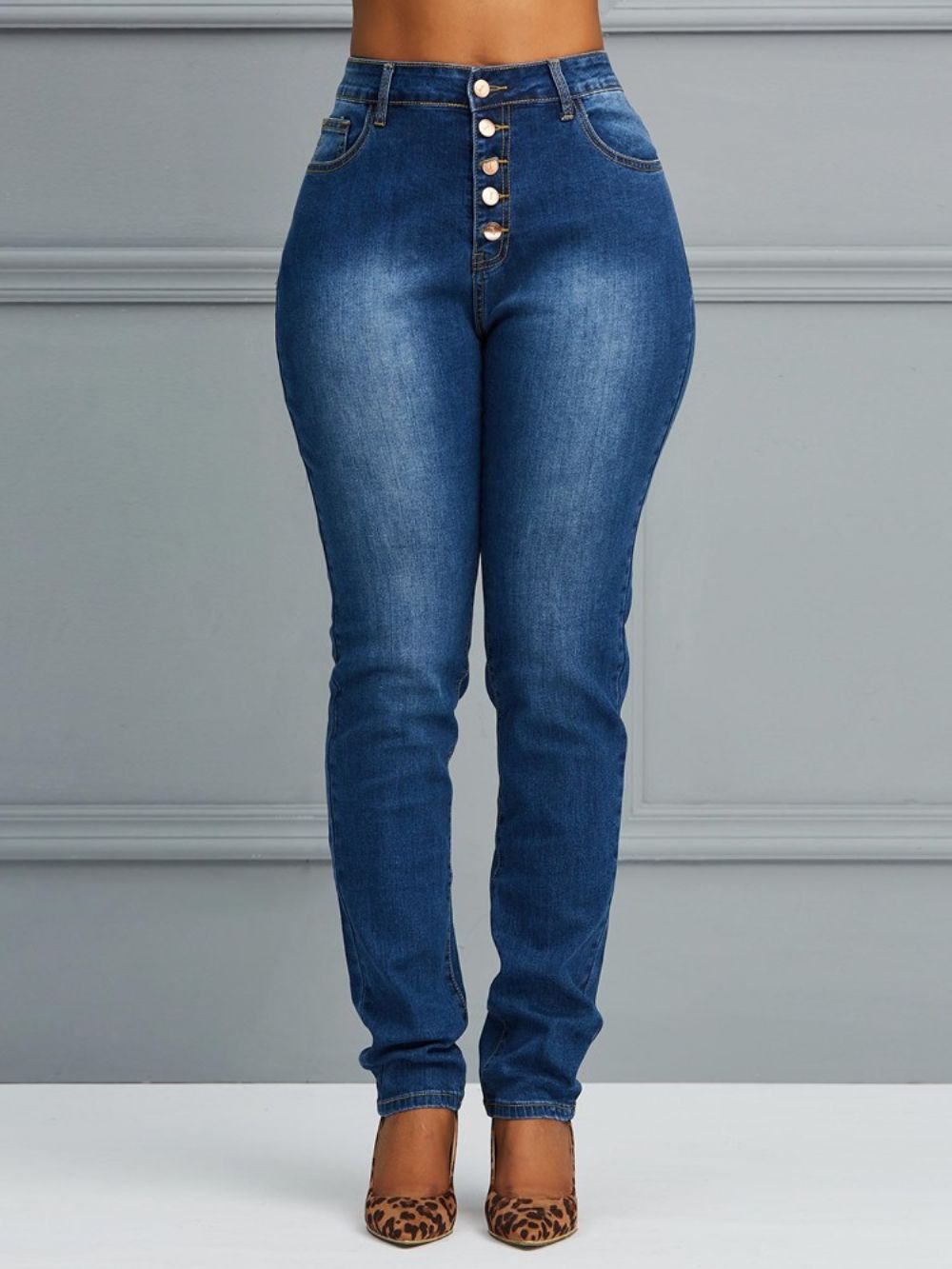 Jeans Feminino Liso Skinny Com Botão