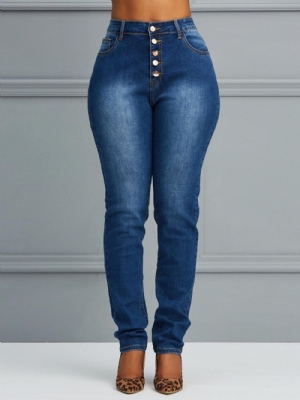 Jeans Feminino Liso Skinny Com Botão