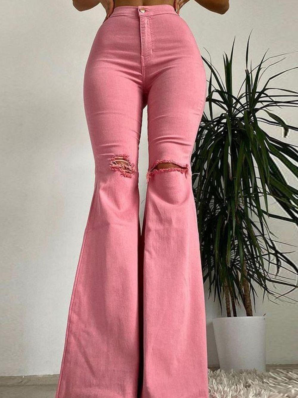 Jeans Femininos Finos Com Zíper Bellbottoms Hole Lisos