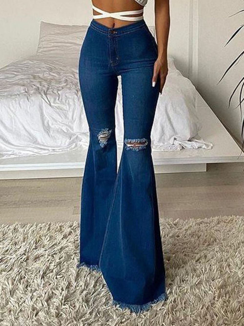 Jeans Femininos Finos Com Zíper Bellbottoms Hole Lisos