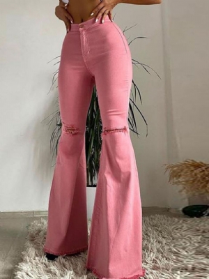 Jeans Femininos Finos Com Zíper Bellbottoms Hole Lisos