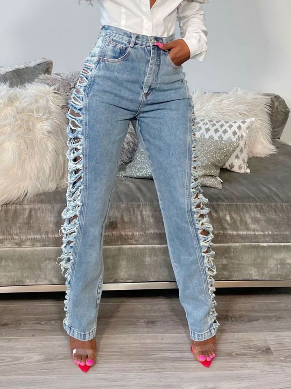 Jeans Lisos De Botão Reto Cintura Alta Com Zíper