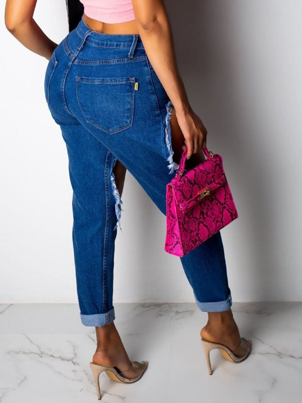 Jeans Rasgados Com Bolso Simples Sexy Fino Com Zíper