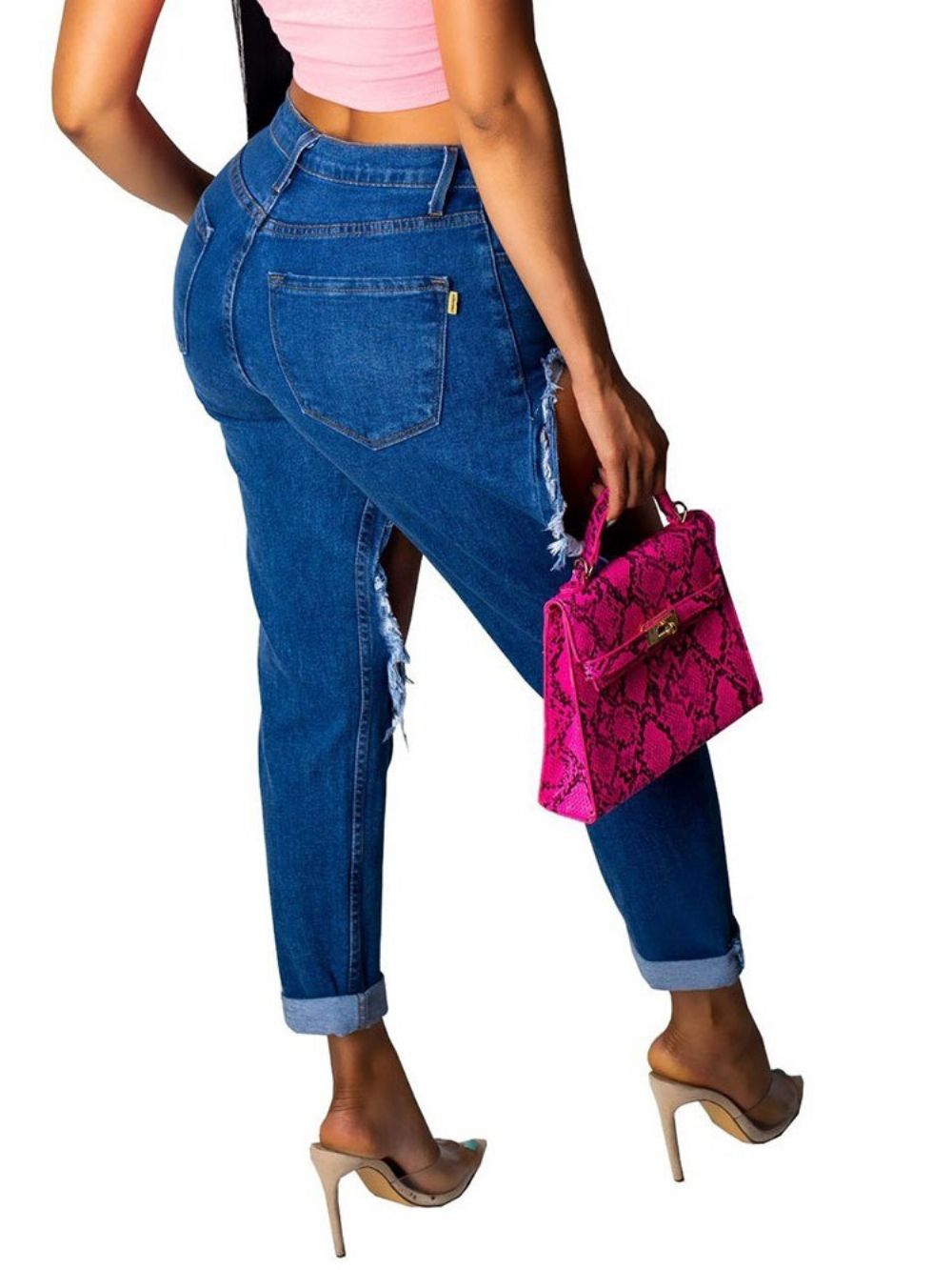 Jeans Rasgados Com Bolso Simples Sexy Fino Com Zíper