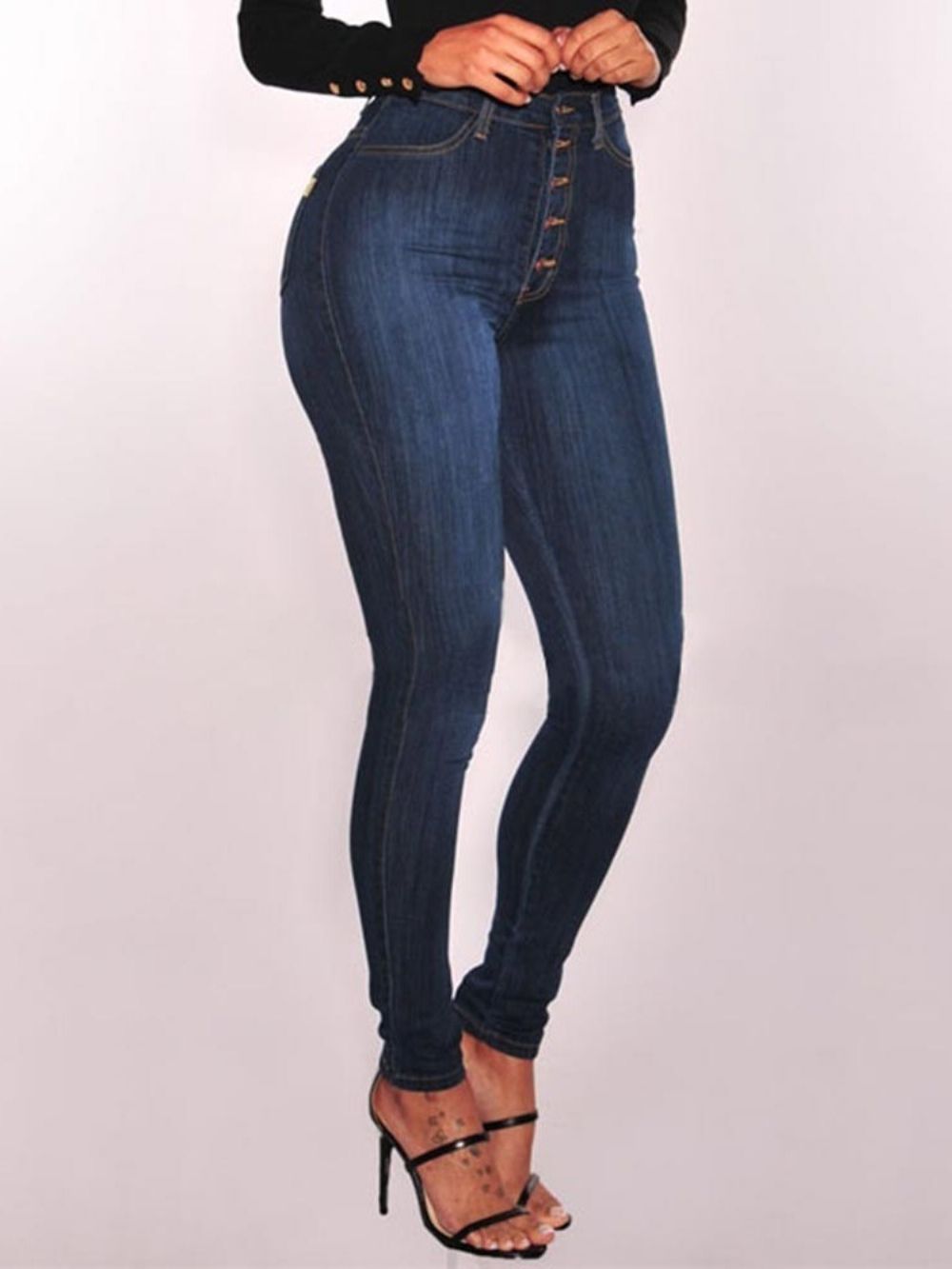 Jeans Skinny De Cintura Alta Com Botões Simples