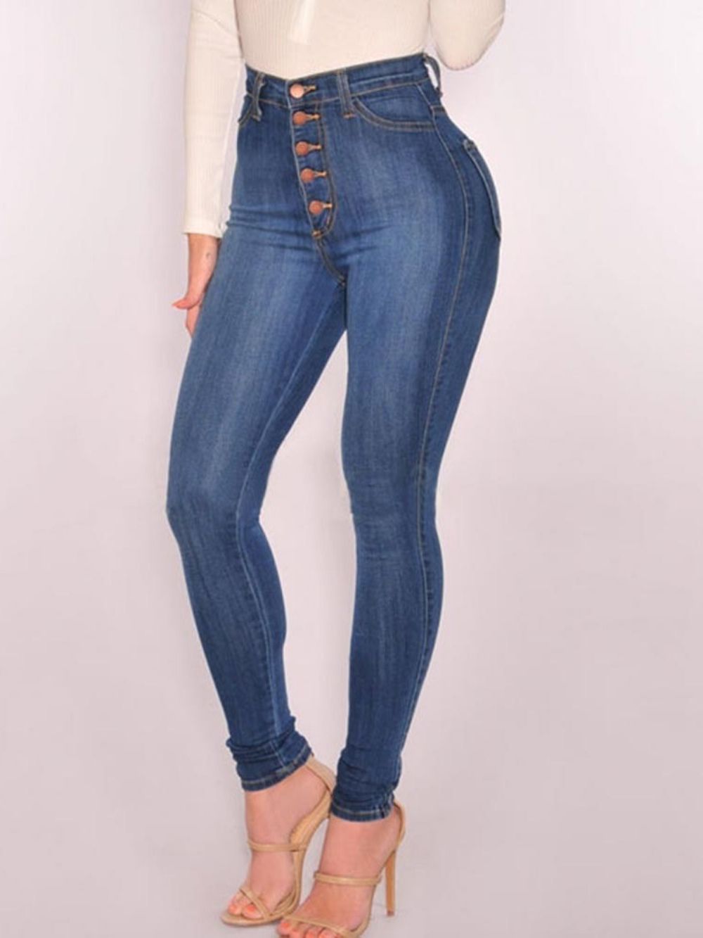 Jeans Skinny De Cintura Alta Com Botões Simples