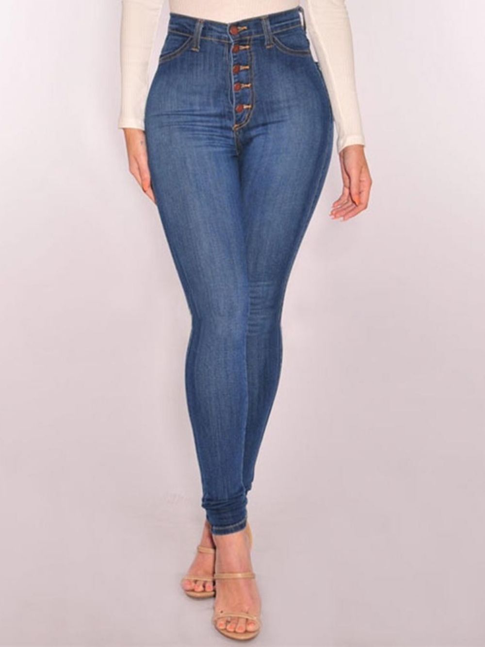 Jeans Skinny De Cintura Alta Com Botões Simples