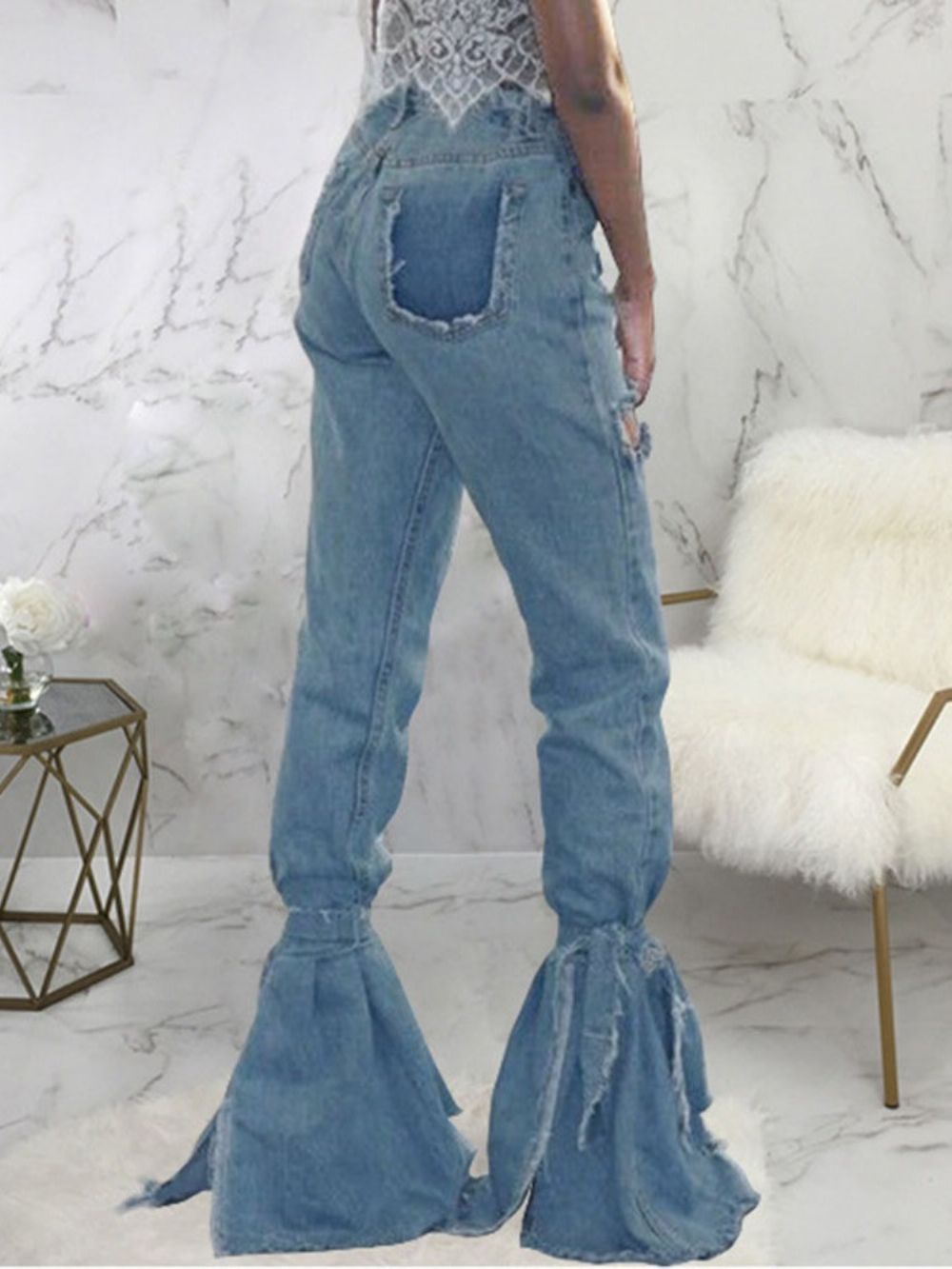 Jeans Slim De Cintura Alta Com Buracos Lisos Bellbottoms