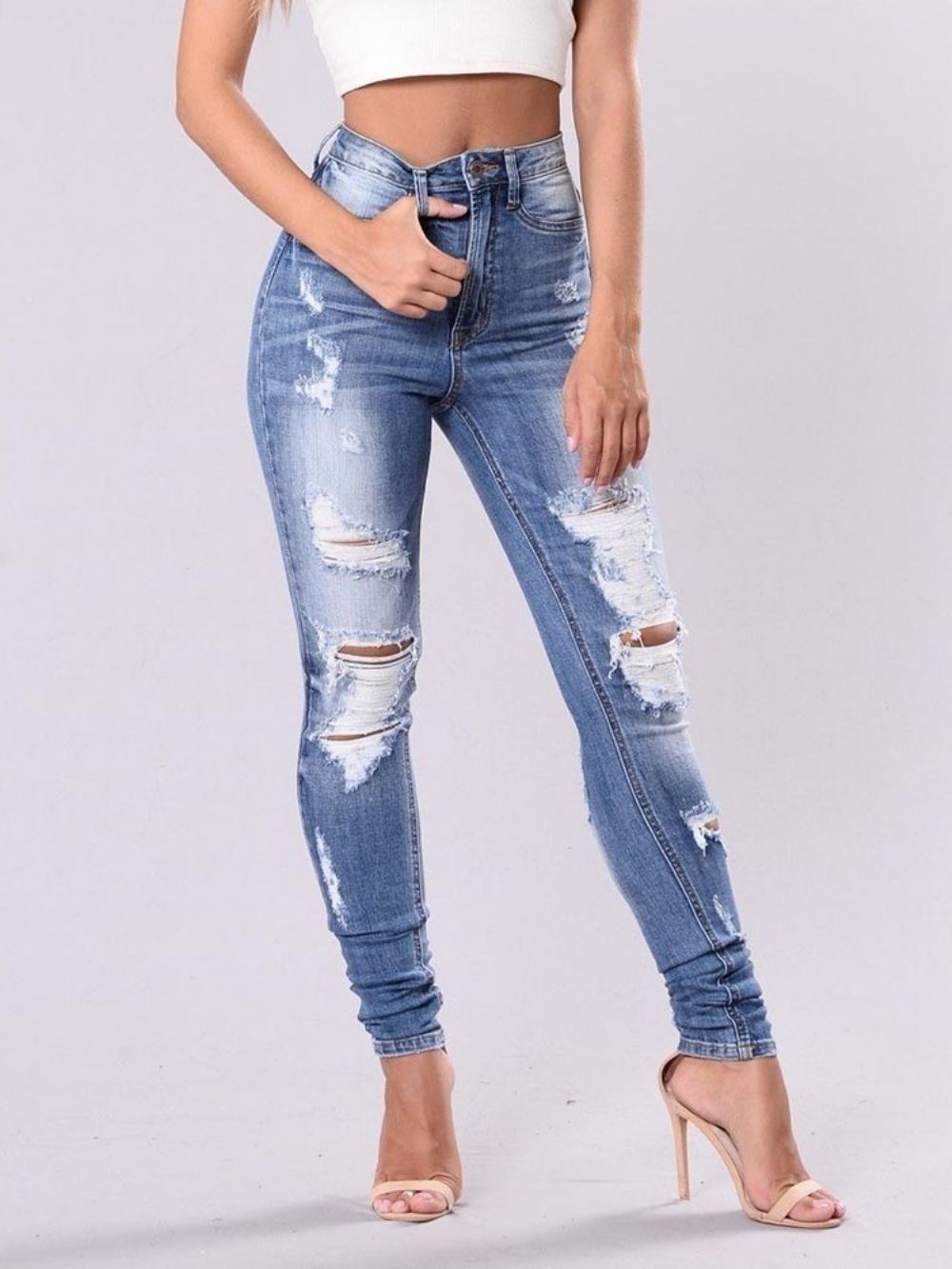 Jeans Slim Lavável Simples Rasgado