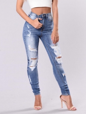 Jeans Slim Lavável Simples Rasgado