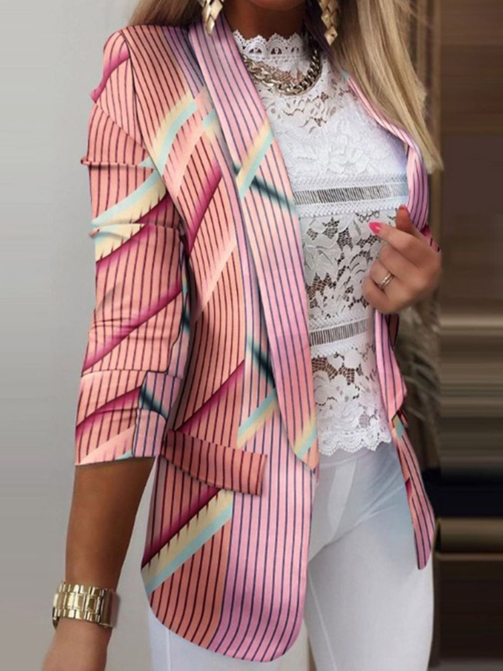 Blazer Casual Com Estampa De Borboleta E Lapela Manga Longa Primavera Comprimento Médio