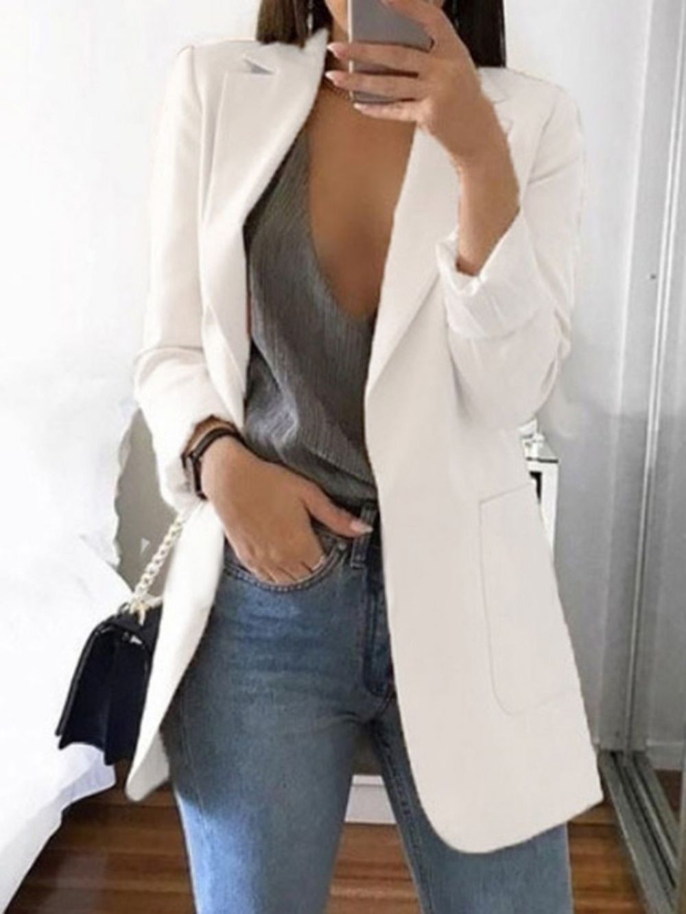 Blazer Casual Com Lapela Lisa Manga Longa Outono Comprimento Médio