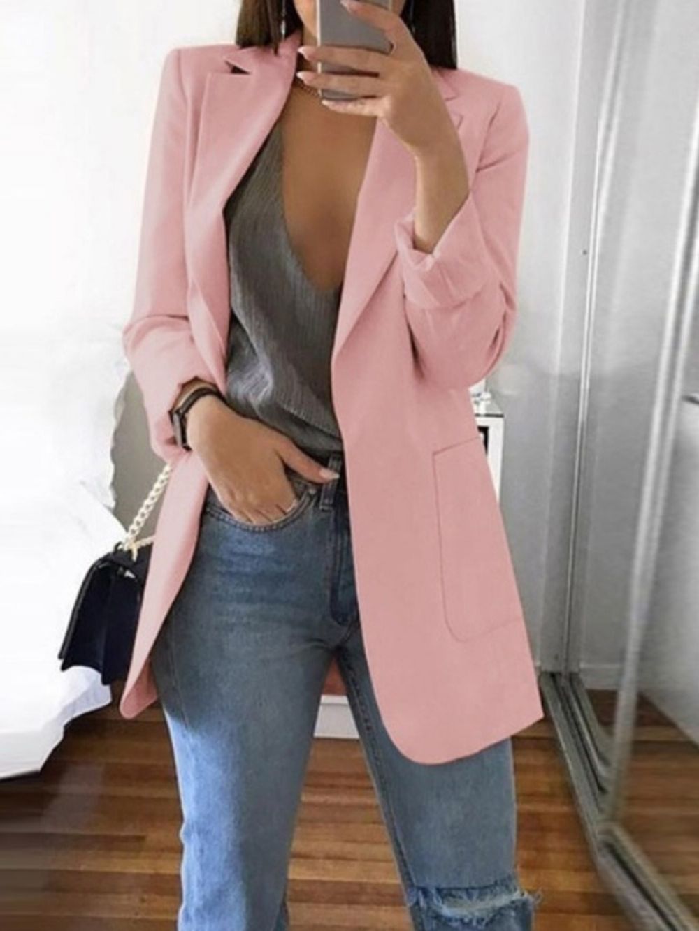 Blazer Casual Com Lapela Lisa Manga Longa Outono Comprimento Médio