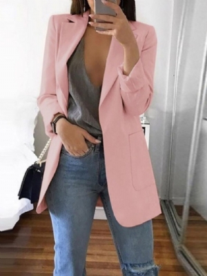 Blazer Casual Com Lapela Lisa Manga Longa Outono Comprimento Médio