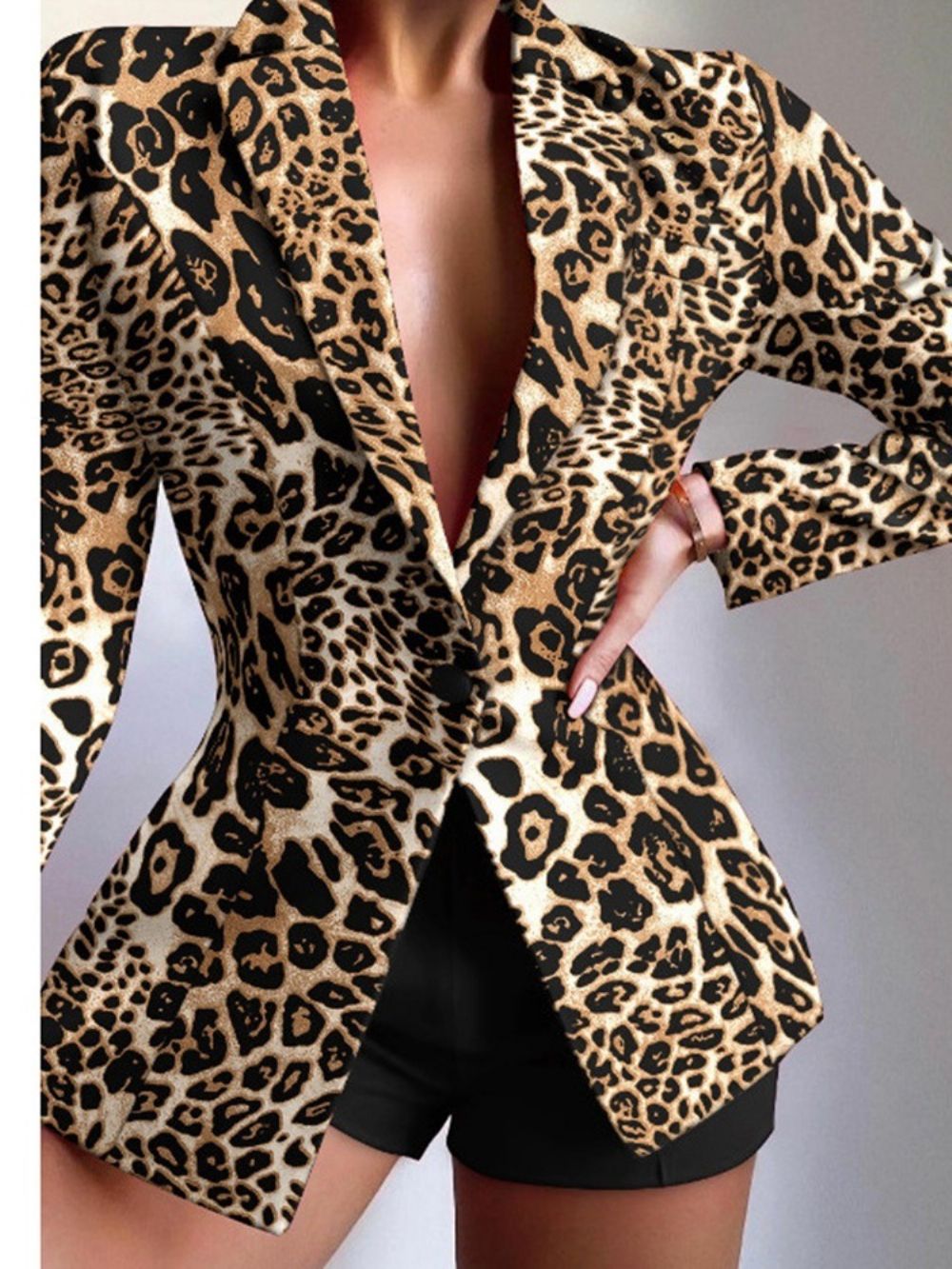 Blazer Casual De Comprimento Médio Com Lapela De Leopardo Com Um Botão