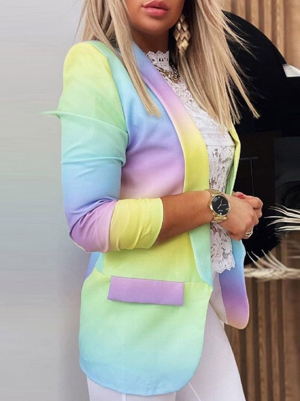 Blazer Casual De Comprimento Médio Regular Com Lapela Gradiente Manga Três Quartos