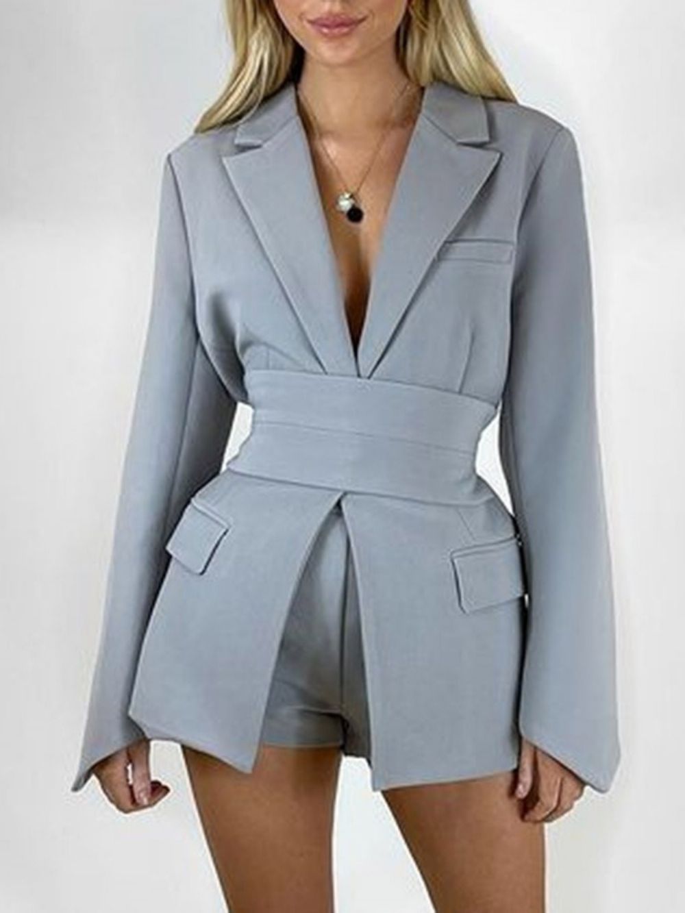 Blazer Casual Feminino Com Amarração E Lapela Manga Longa E Comprimento Médio