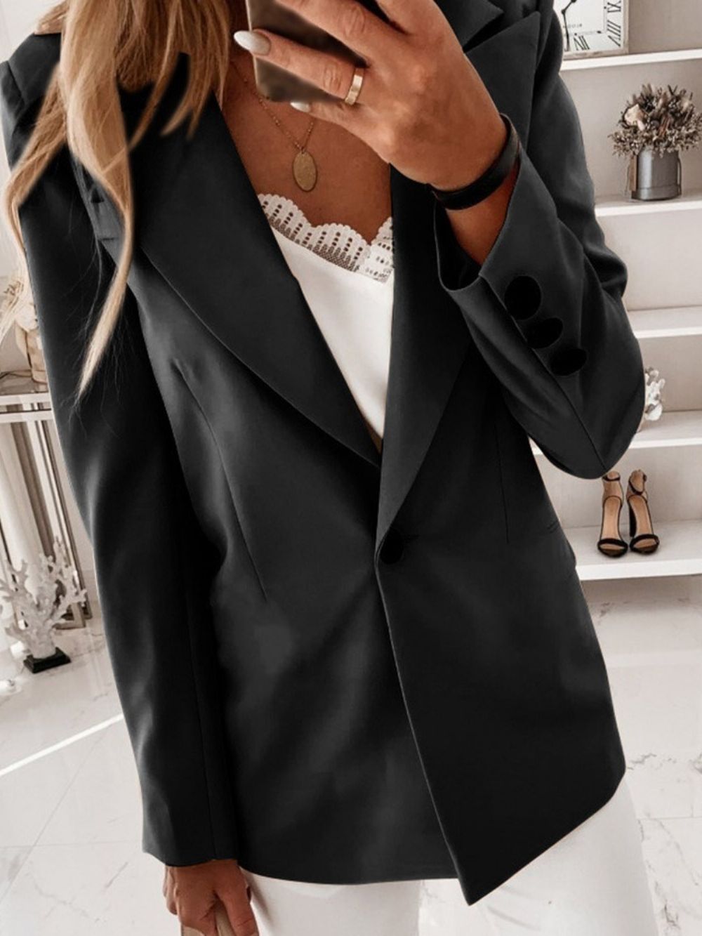 Blazer Casual Feminino De Lapela Entalhada Manga Longa Um Botão Regular