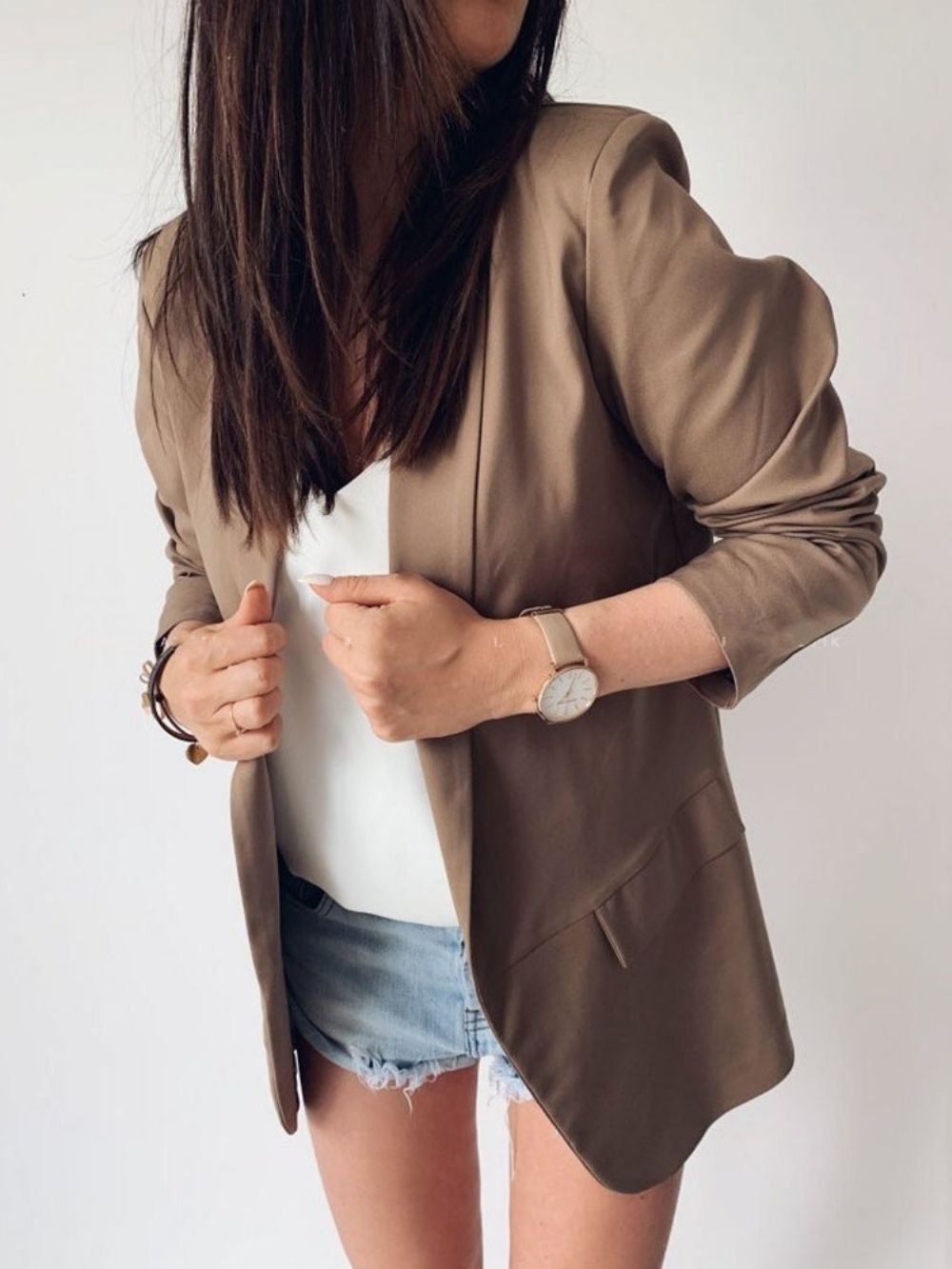 Blazer Casual De Outono De Manga Três Quartos Simples De Comprimento Médio