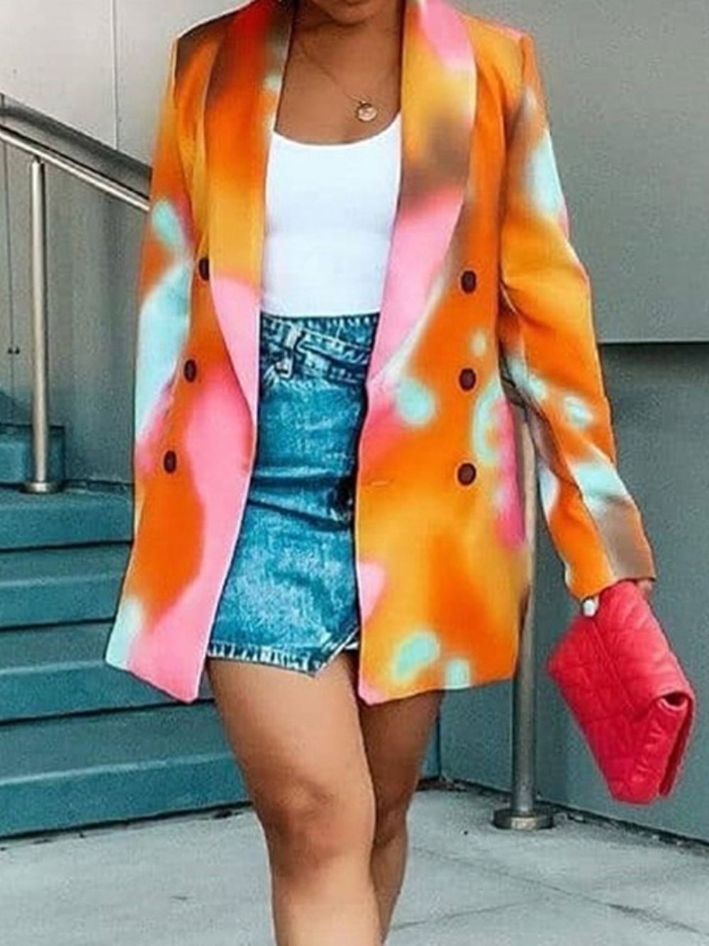 Blazer Casual Regular Com Abotoamento Duplo E Lapela Entalhado Color Block