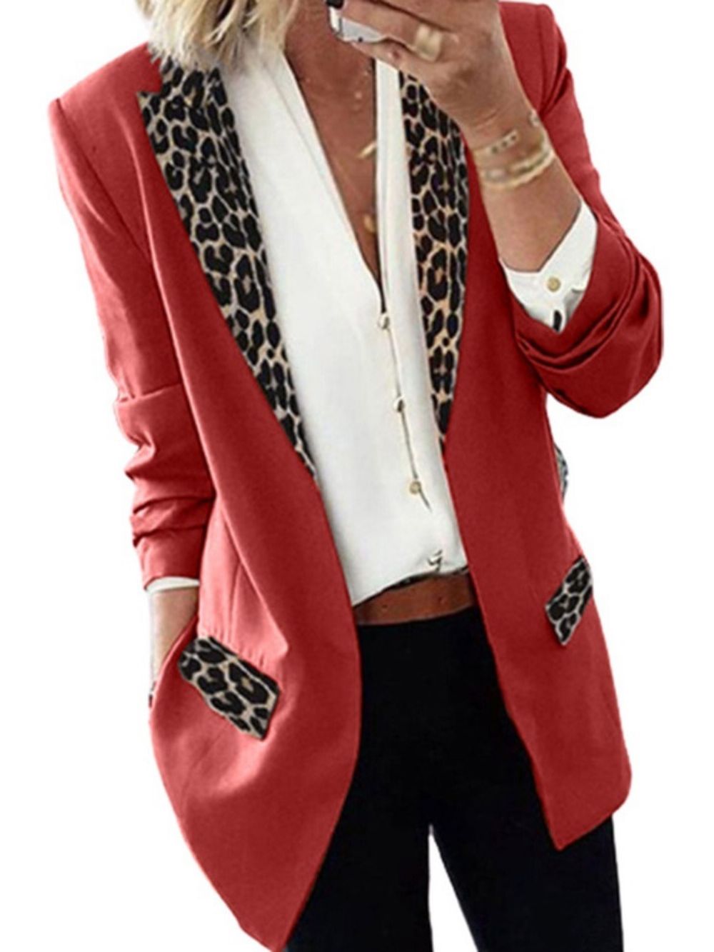 Blazer Feminino De Comprimento Médio Casual De Lapela Leopardo De Outono