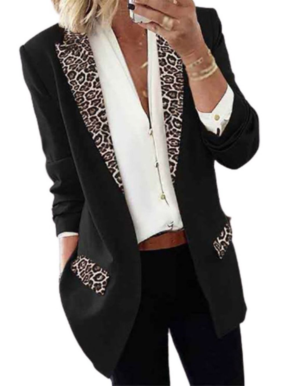 Blazer Feminino De Comprimento Médio Casual De Lapela Leopardo De Outono