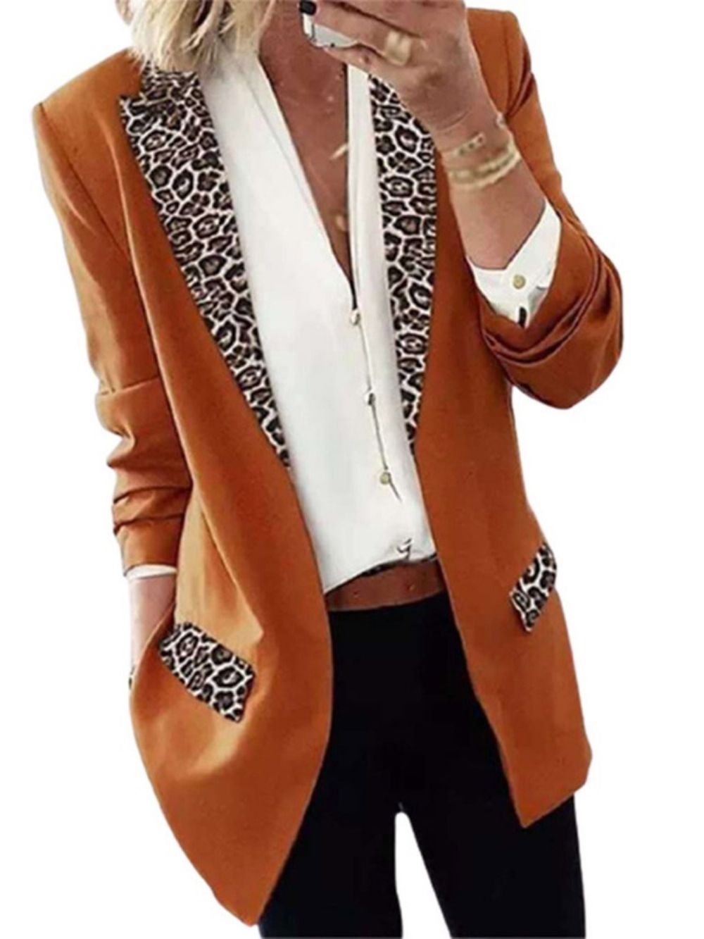 Blazer Feminino De Comprimento Médio Casual De Lapela Leopardo De Outono