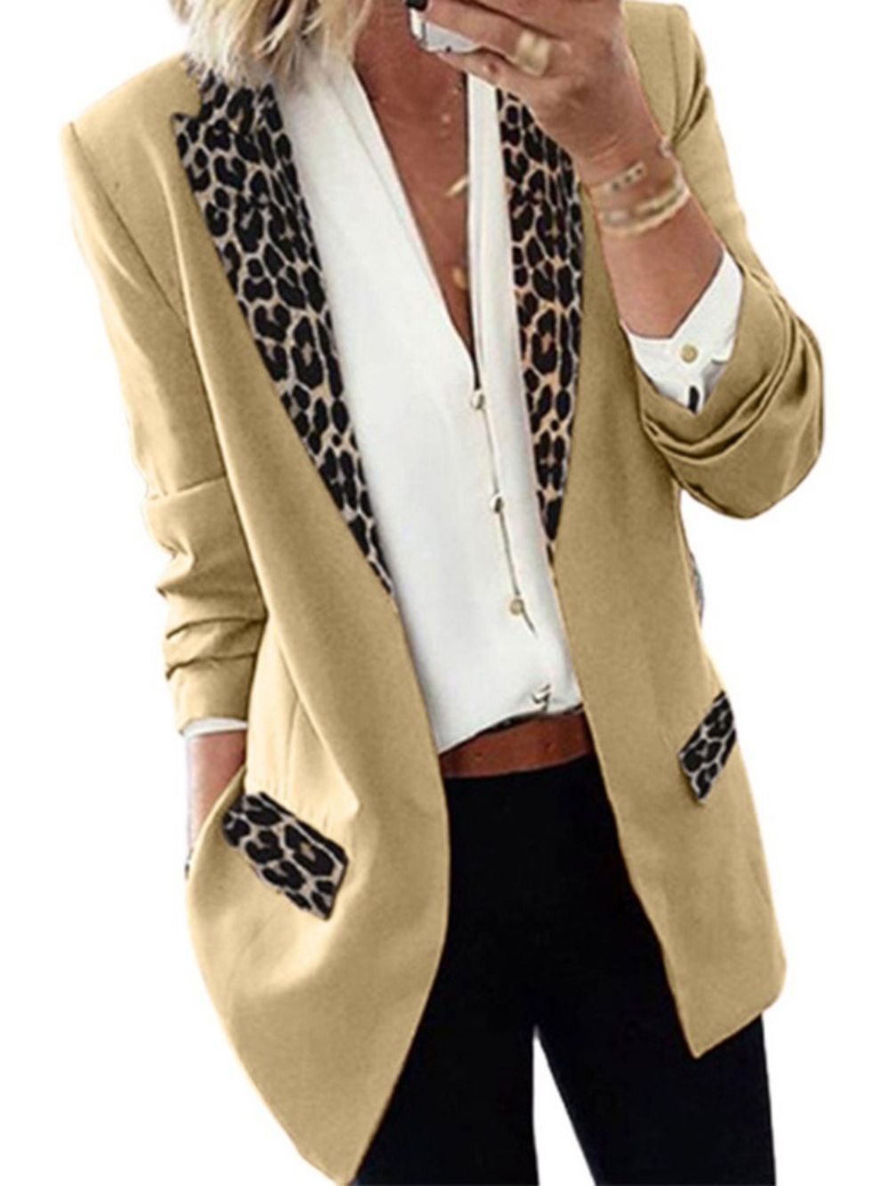 Blazer Feminino De Comprimento Médio Casual De Lapela Leopardo De Outono